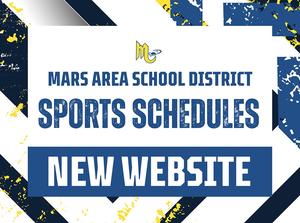 Text promoting the Mars Area School District sports schedules and new website.