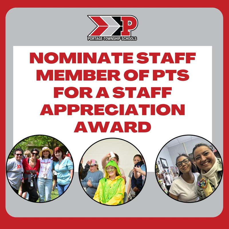 Call to nominate a staff member for the PTS Staff Appreciation Award with group photos.