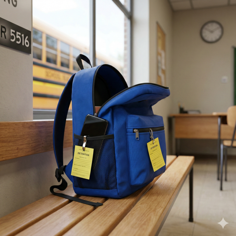 A blue backpack containing a cell phone rests on a wooden bench in a school hallway near a classroom.