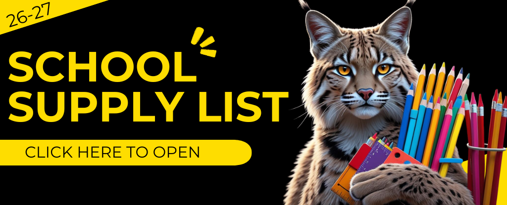 Bobcat holding a colorful collection of school supplies against a black background.