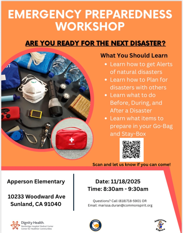 Emergency preparedness parent workshop, November 18 at 8:30.