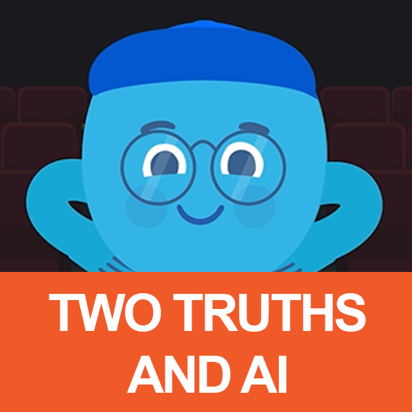 Two Truths and AI image of blue character with glasses