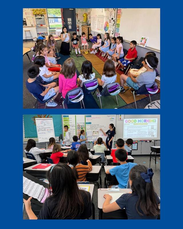 Top: Teacher Julie Poladian leads circle time with Valentine Elementary first-grade students; bottom: teacher Kellee Sung oversees morning procedures with Valentine Elementary fourth-grade students. (Photos Courtesy of San Marino Unified School District)