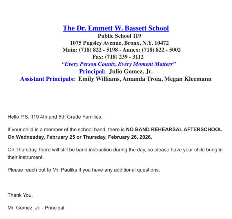 No Band Rehearsal Letter on 2/25/26 or 2/26/26