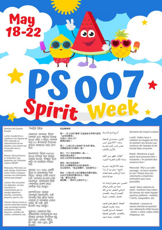 Bilingual Spirit Week flyer with fruity characters and event details in English and Spanish.