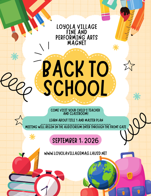 Back to School Night Flyer with Books, Clock, Globe, Backpack, Writing supplies