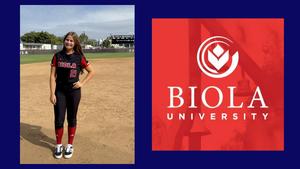 A softball player in a black and red Biola uniform stands confidently on a field. Next to her, the Biola University logo on a red backdrop.