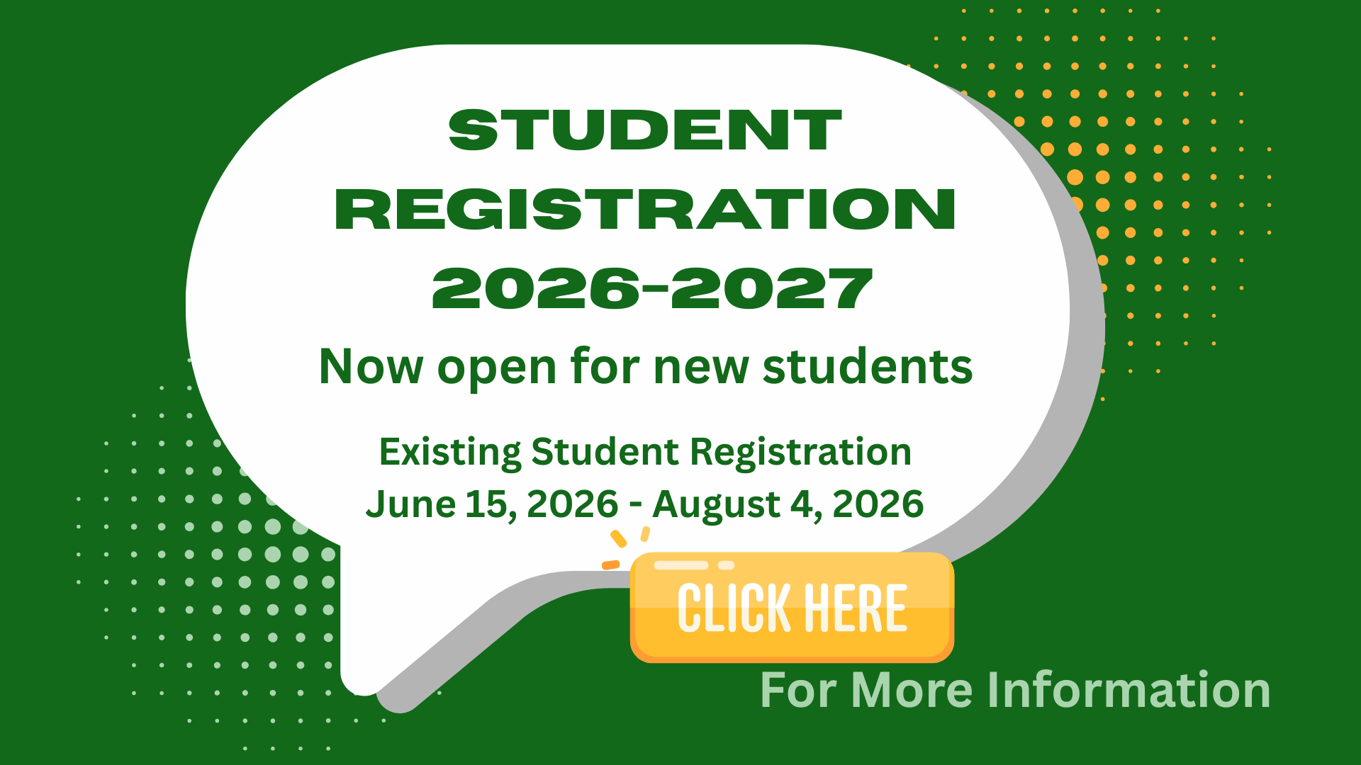 Announcement about student registration dates and information.