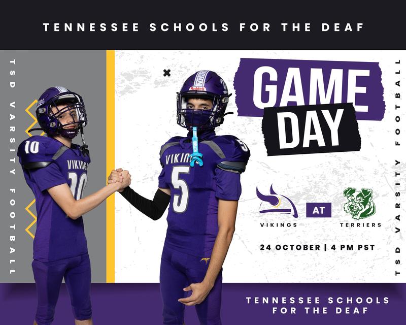 Two football players in uniforms promoting a game day event.