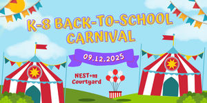 Festive image of carnival scene to celebrate NEST+m PTA Back to School Carnival for Grades K-8!
