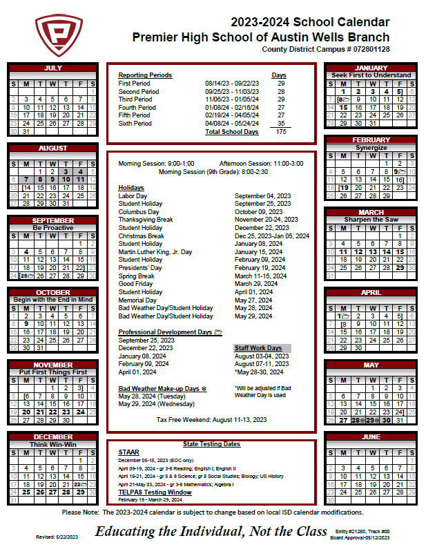 Calendar Our Campus Premier High School Austin Wells Branch