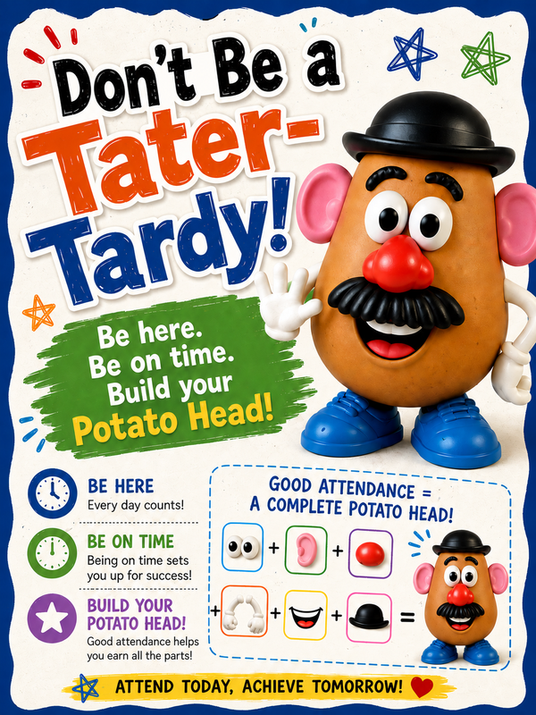 Colorful poster encouraging attendance, featuring a caricature of Mr. Potato Head.