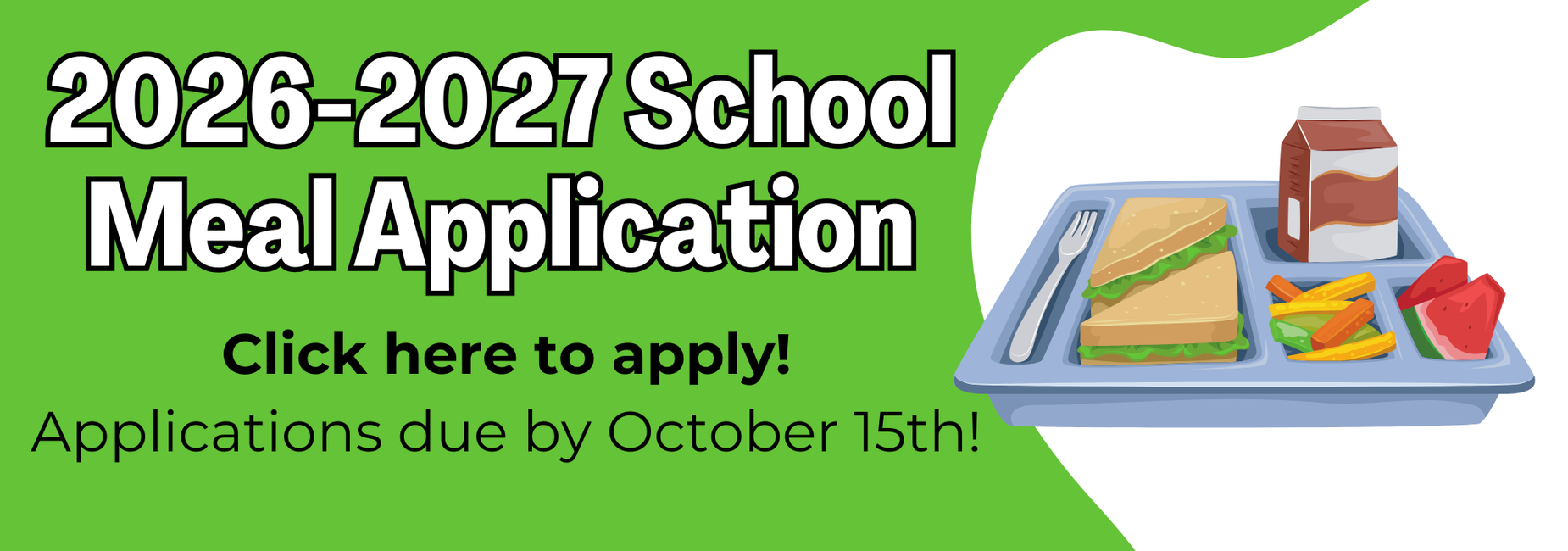 2026-2027 school meal application details with a meal tray illustration.