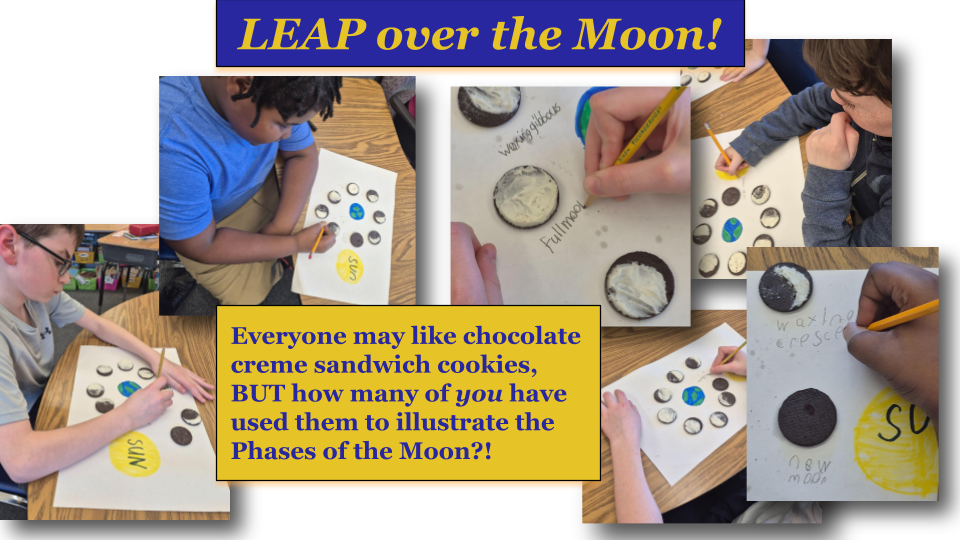 collage of Ms Wright's class creating Moon Phases using chocolate creme sandwich cookies