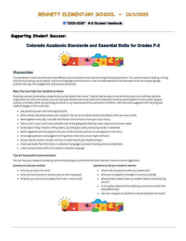 Bennett Elementary School handbook outlining student success and learning strategies.
