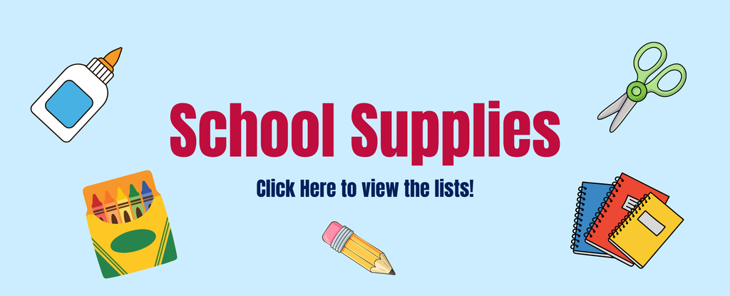 Colorful school supplies and text announcing supply lists.