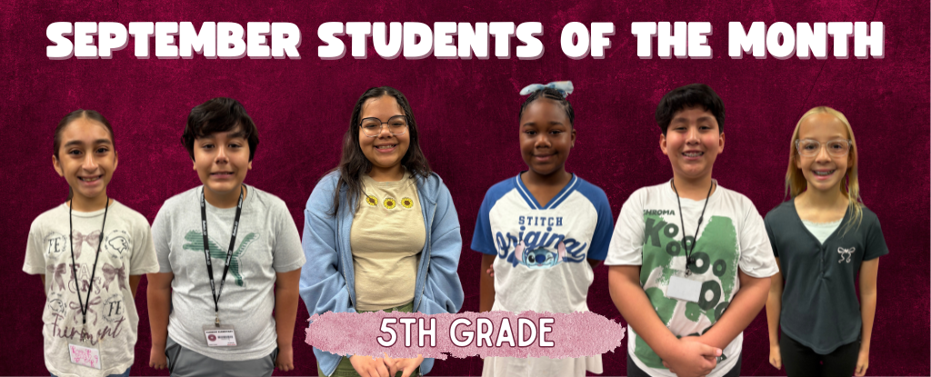 Supportive group of five diverse 5th grade students with text 'September Students of the Month'.