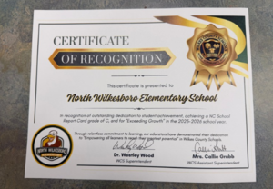 Certificate recognizing North Wilkesboro Elementary School's achievements.