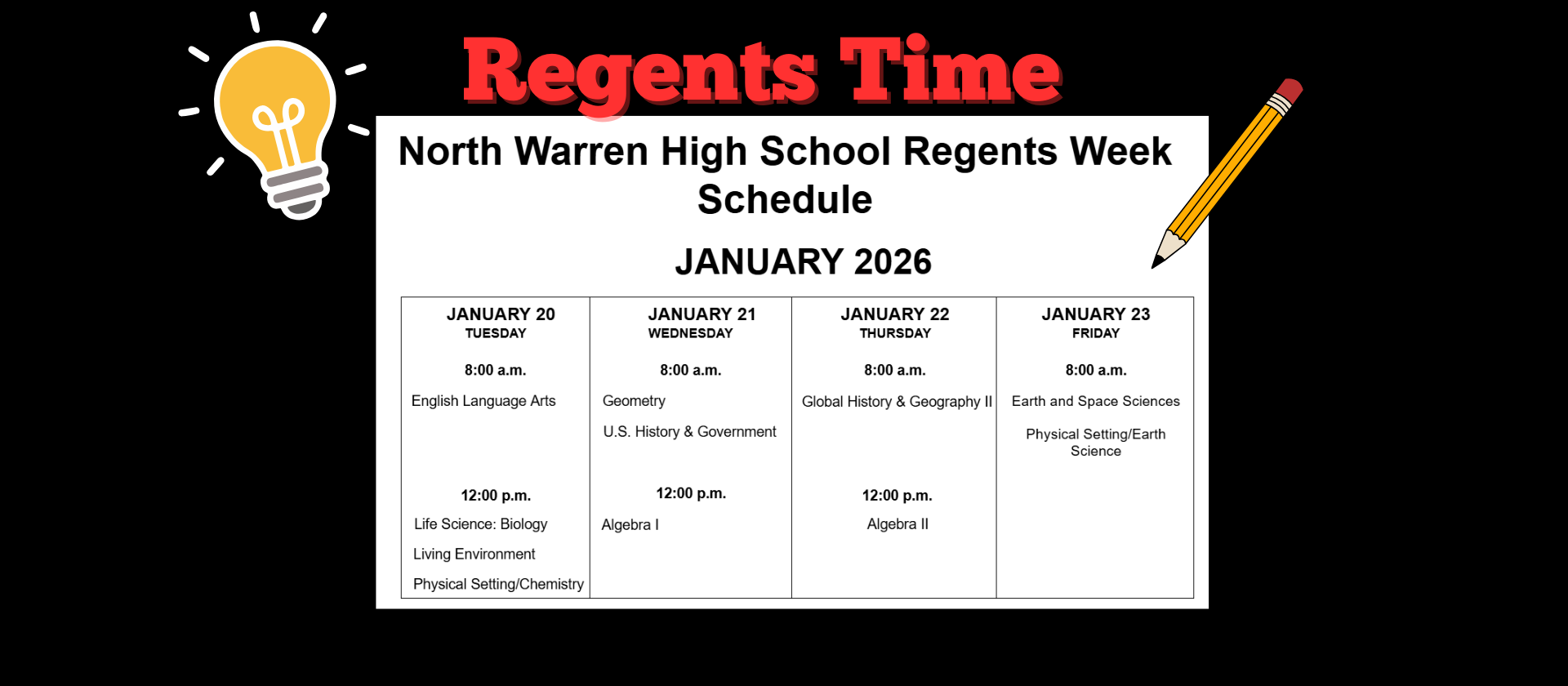 Regents Schedule for North Warren Students!