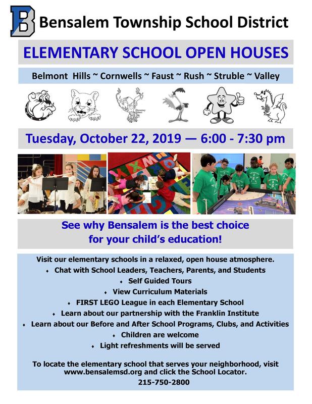 Flyer advertising elementary school open houses. 3 photos of students are included. 3 girls are playing musical instruments, 4 students are laying on a colorful carpet reading, and boys and girls dressed in green shirts are working with small robots