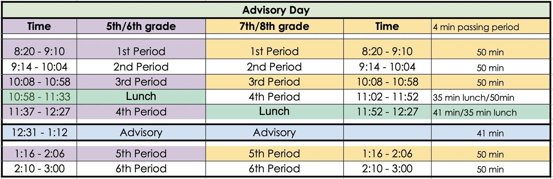 Daily Bell Schedule for Advisory Days - 2026-27