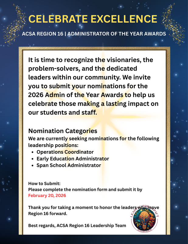 ACSA Region 16 Admin of the Year Awards Specific Categories Nomination Form Flier