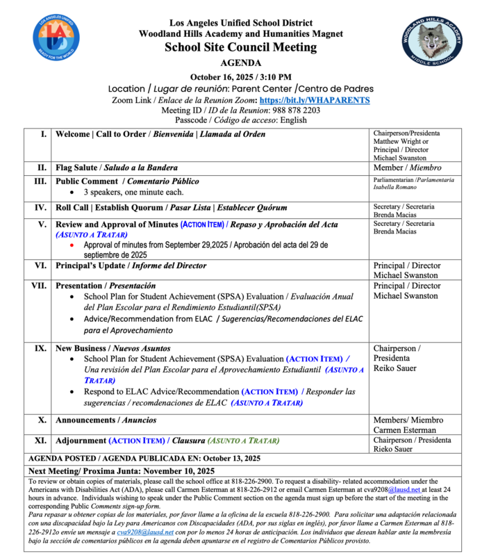 School Site Council Agenda - October 16, 2025
