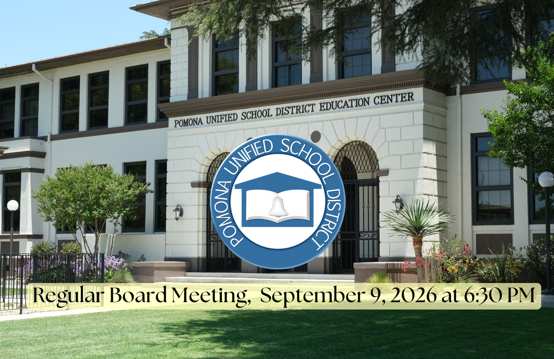 Board Meeting shuffle banner for homepage - Board Meeting is scheduled for Wednesday, September 9, 2026 at 6:30PM