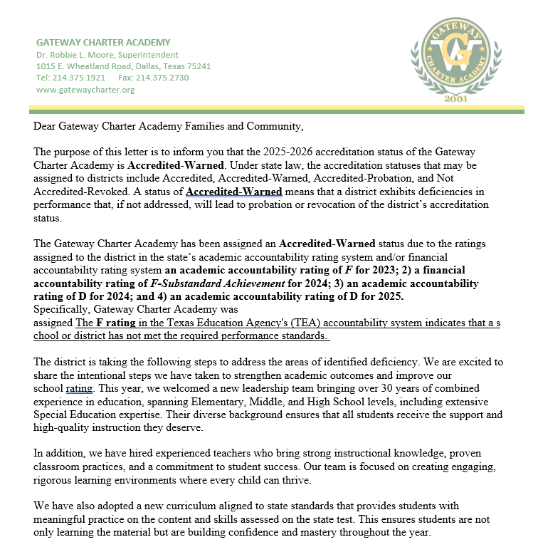 2025-2026 TEA School Rating Letter