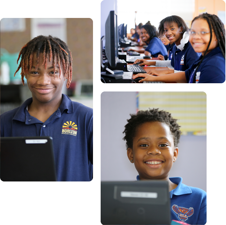 Students engaged in learning and interacting in a classroom collage