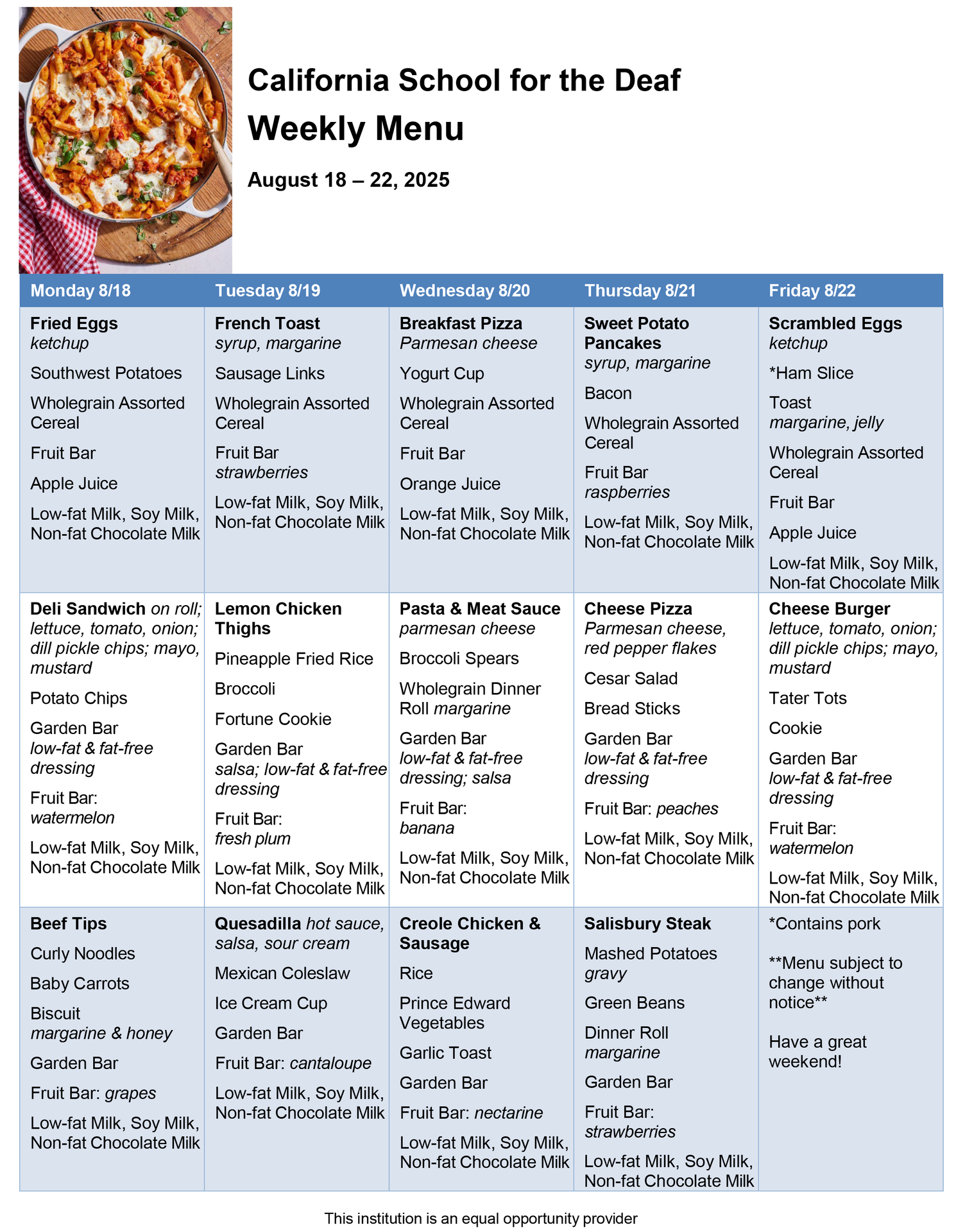 August 18-22 menu; tap on image for readable menu