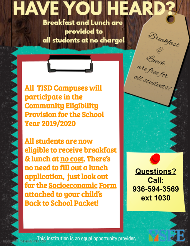 Trinity ISD and SFE now Offer Free Breakfast and Lunch for All Students! Thumbnail Image
