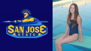 Youthful swimmer sits smiling on a diving board, wearing a navy swimsuit. San Jose State logo with a spartan helmet is prominently displayed on the left.