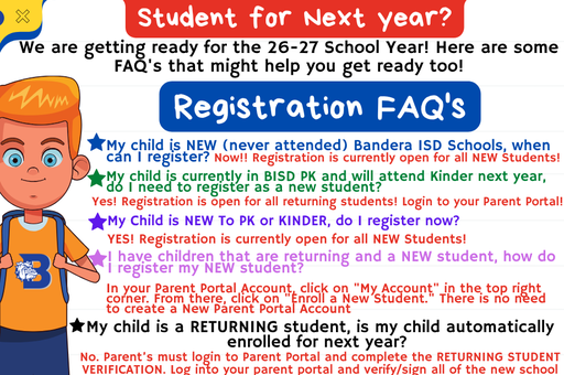 FAQ flyer for school registration with a cartoon character and essential questions.