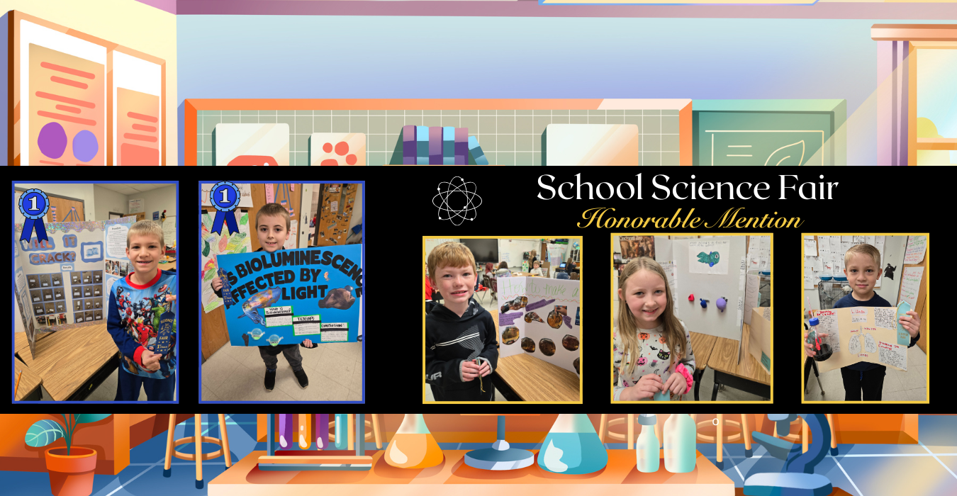 A collage of students showcasing their science fair projects with awards.