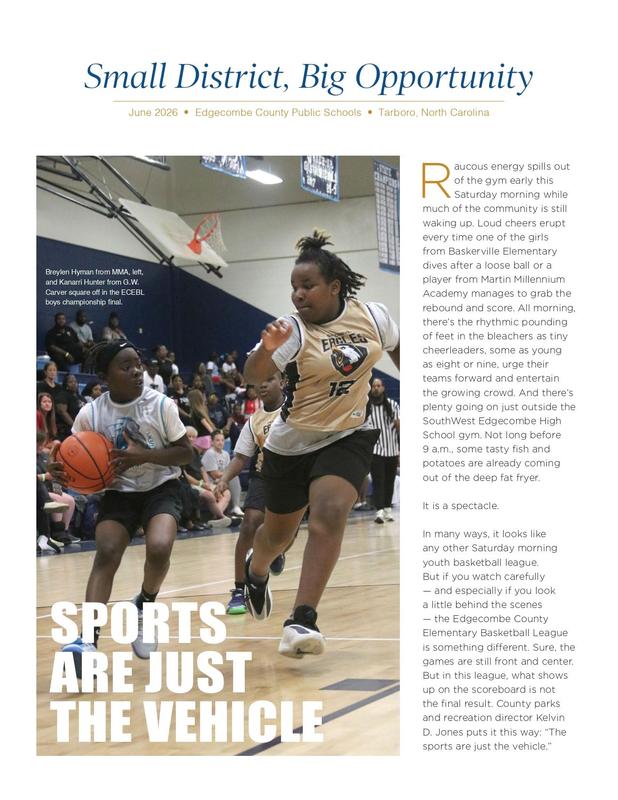 Cover page of article with picture showing students playing basketball