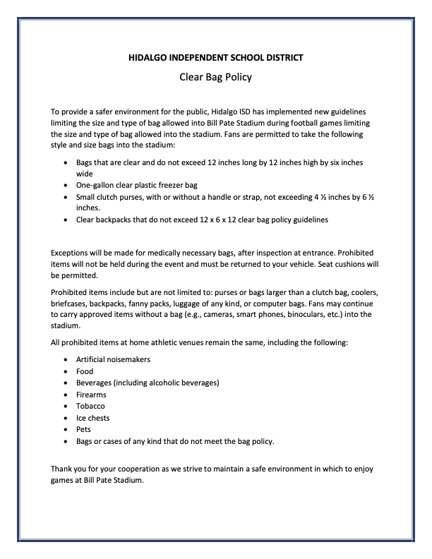 Clear Bag Policy Football Hidalgo Early College High School