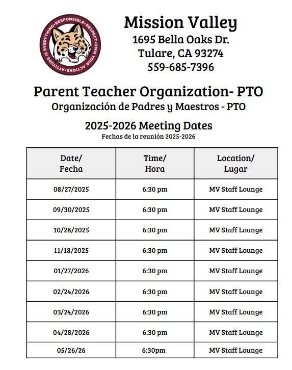 PTO Meeting dates