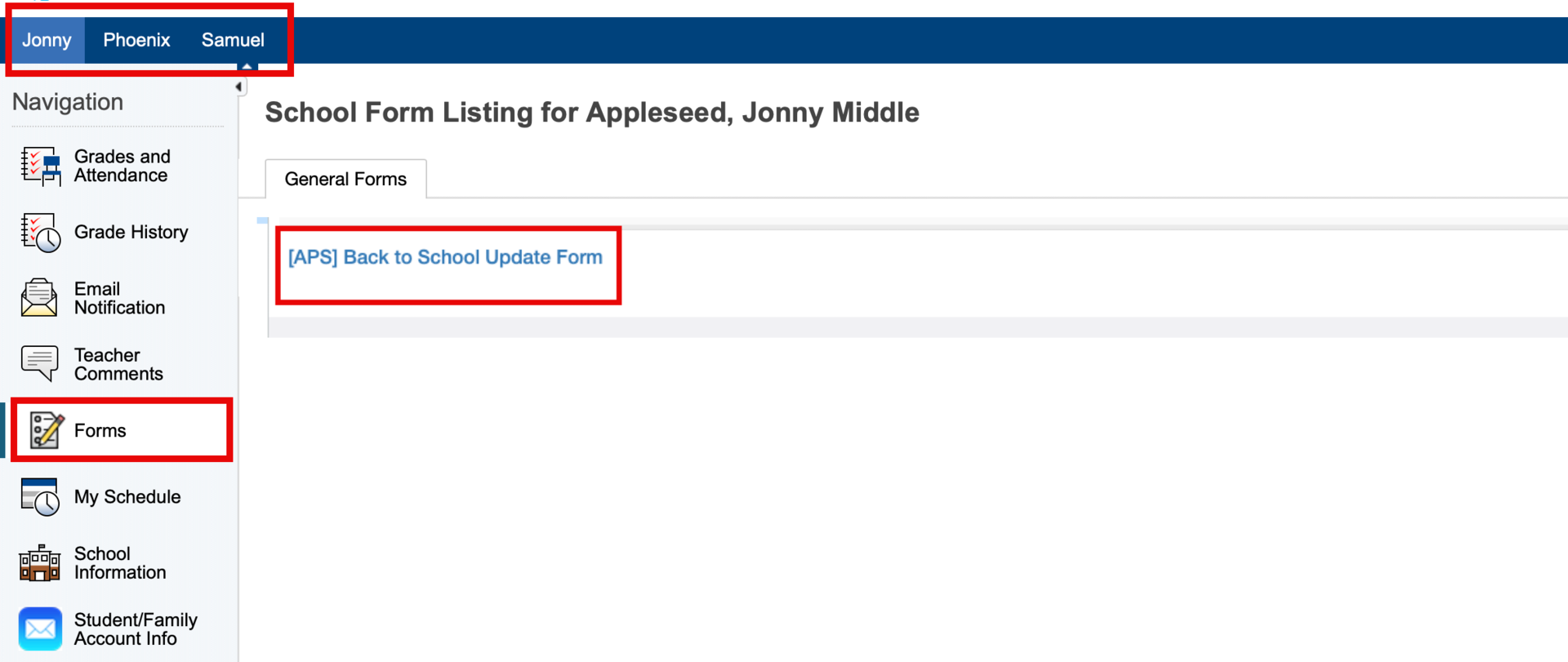 Screenshot of Menu with 'forms, 'back to school update', and student names circled in red