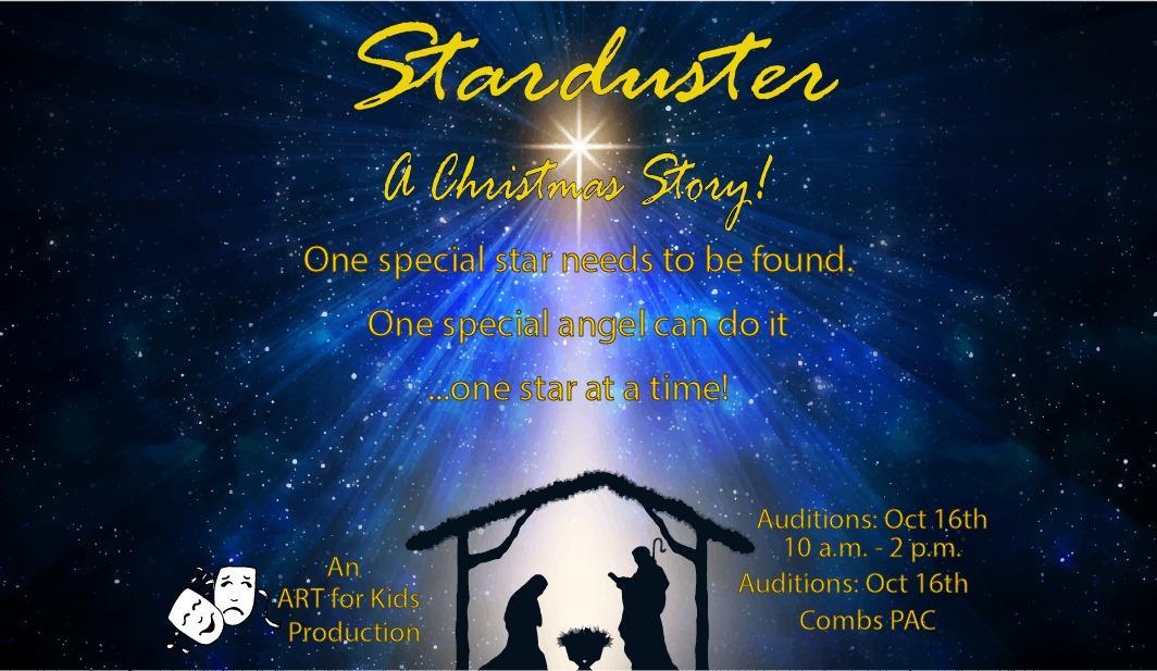 Nativity with star, blue background, white writing.