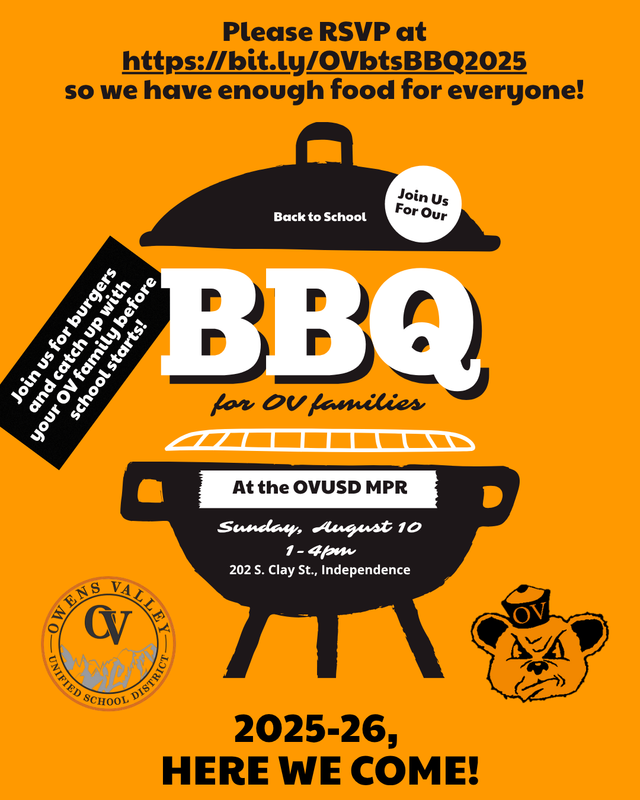 Charcoal BBQ grill inviting OVUSD families to the Back to School BBQ on Sunday, August 10, 2025 from 1-4pm at the OV Multipurpose Room (Cafeteria). RSVP at bit.ly/OVbtsBBQ2025
