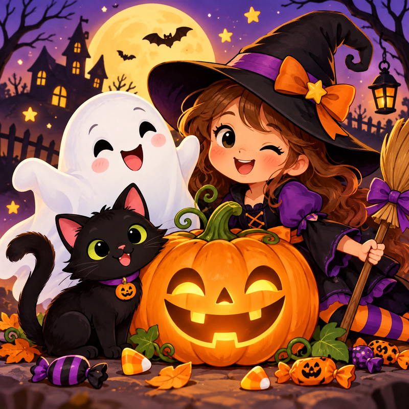 A girl in a witch costume stands with a ghost, black cat, and pumpkin, surrounded by Halloween themes.