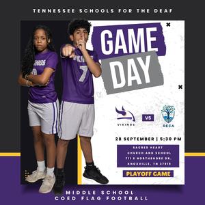 Two students in sports jerseys promoting a flag football game event.