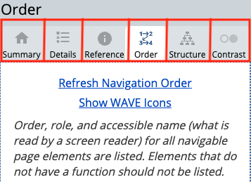 Details, References, Order, Structure, and Contrast buttons in WAVE editor