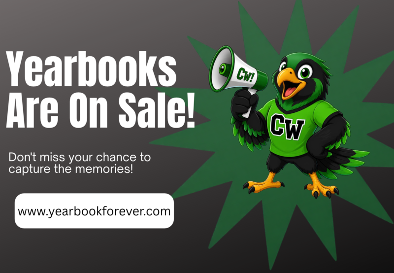 Black and green falcon holding a megaphone and announcing that yearbooks are on sale.