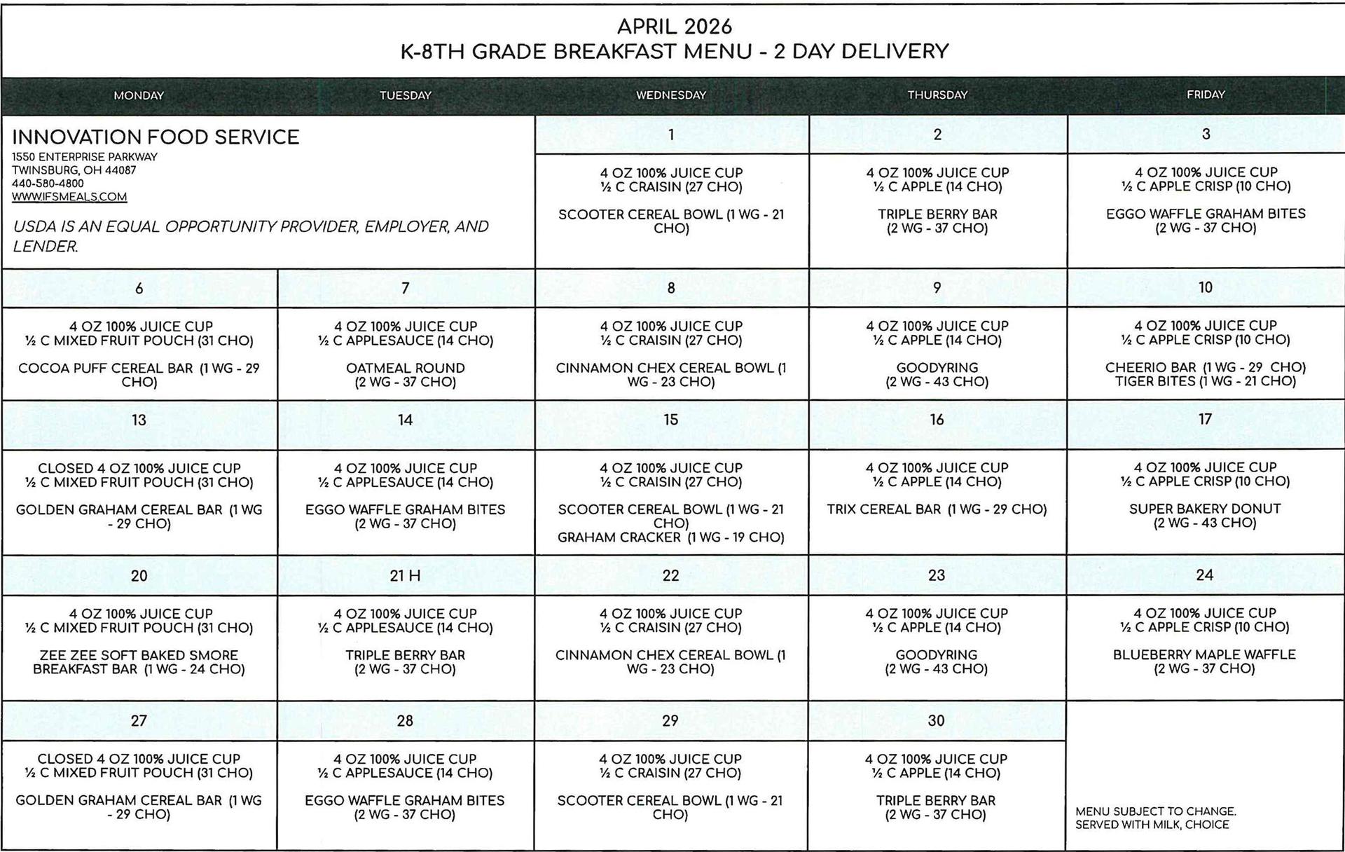 APRIL K-8 2 DAY LUNCH
