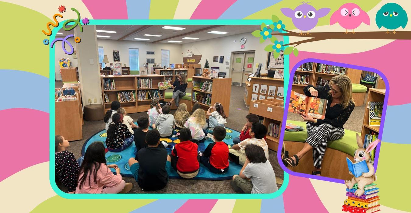 Children gathered in a library for storytime with a teacher reading a book.