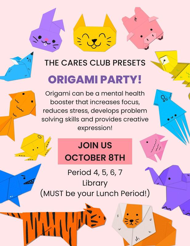 Library Origami Party on October 8th during Period 4, 5, 6, and 7.