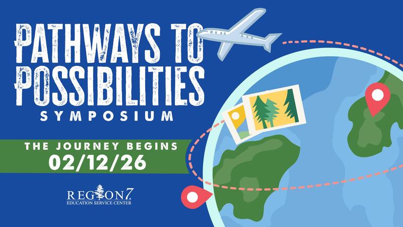 Web banner for the Pathways to Possibilities Symposium on February 12, 2026, with a travel theme.