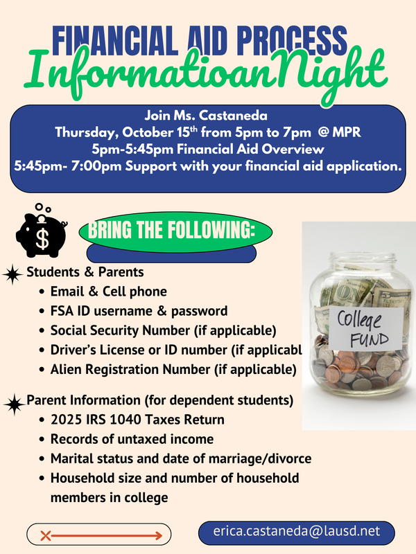 Seniors and Families: You’re Invited to Financial Aid Night!/¡Estudiantes de último año y familias: están invitados a la Noche de Ayuda Financiera! Thumbnail Image